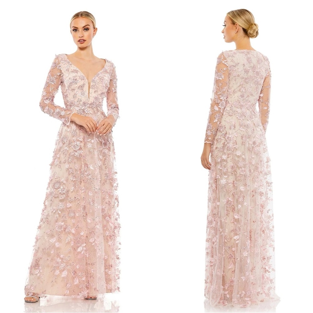Mac Duggal Pink Floral Maxi Dress 16 long sleeve